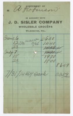 J. D. Sisler grocer receipt, 1914 July 31