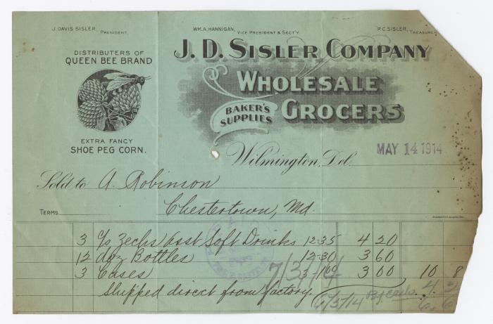 J. D. Sisler grocer receipt, 1914 May 14