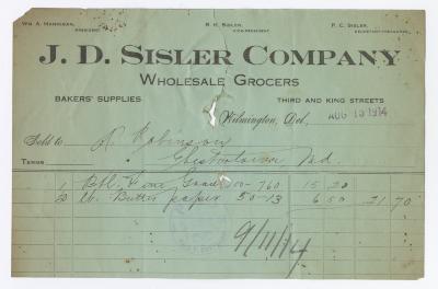 J. D. Sisler grocer receipt, 1914 August 15