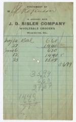 J. D. Sisler grocer receipt, circa 1910