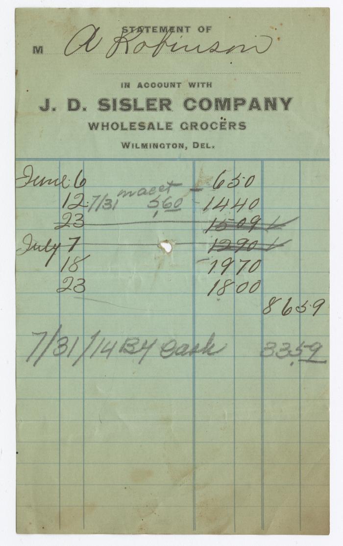 J. D. Sisler grocer receipt, 1914 July 31