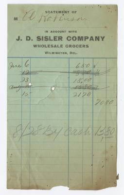 J. D. Sisler grocer receipt, circa 1910 August 28 