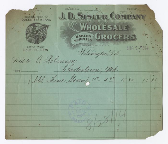J. D. Sisler grocer receipt, 1914 August 1