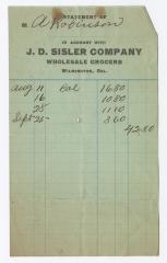 J. D. Sisler grocer receipt, circa 1910