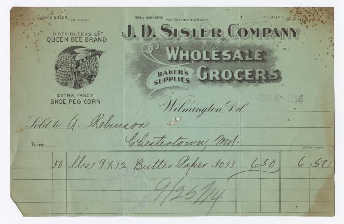 J. D. Sisler grocer receipt, 1914 June 8