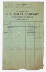 J. D. Sisler grocer receipt, circa 1910 August 28 