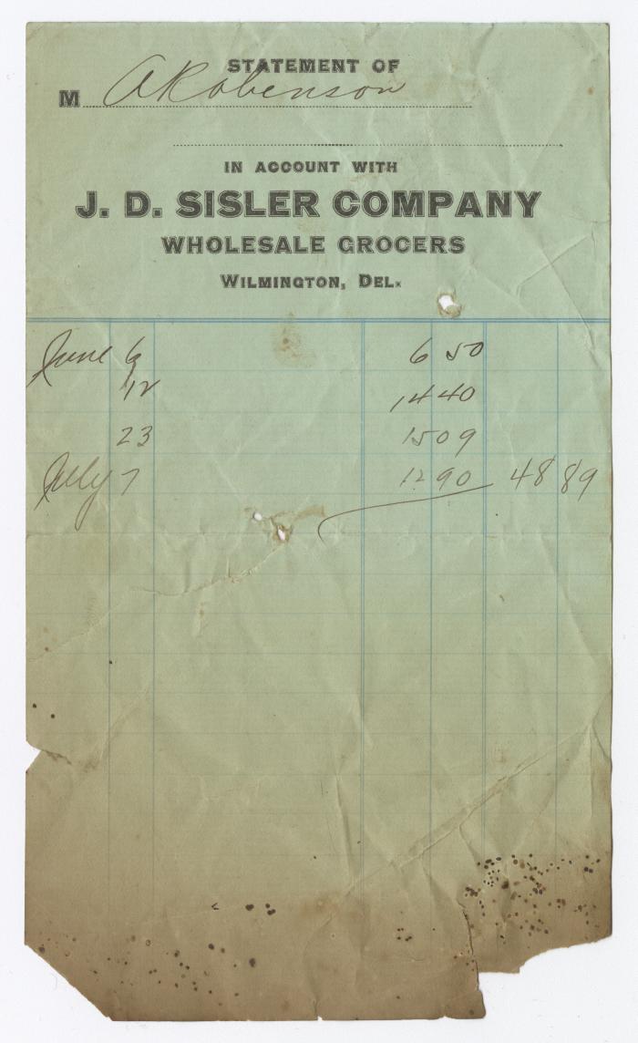 J. D. Sisler grocer receipt, circa 1910