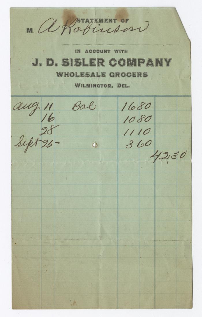 J. D. Sisler grocer receipt, circa 1910