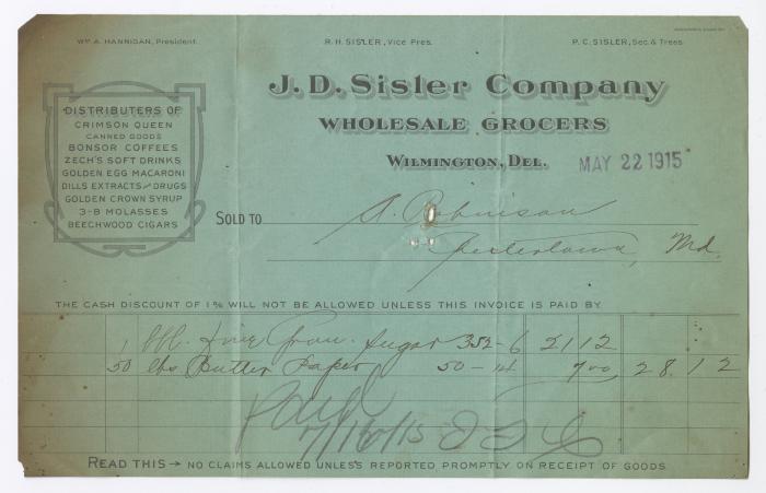 J. D. Sisler grocer receipt, 1915 May 22