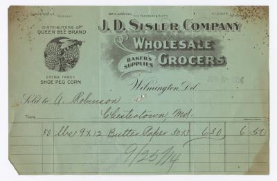 J. D. Sisler grocer receipt, 1914 June 8