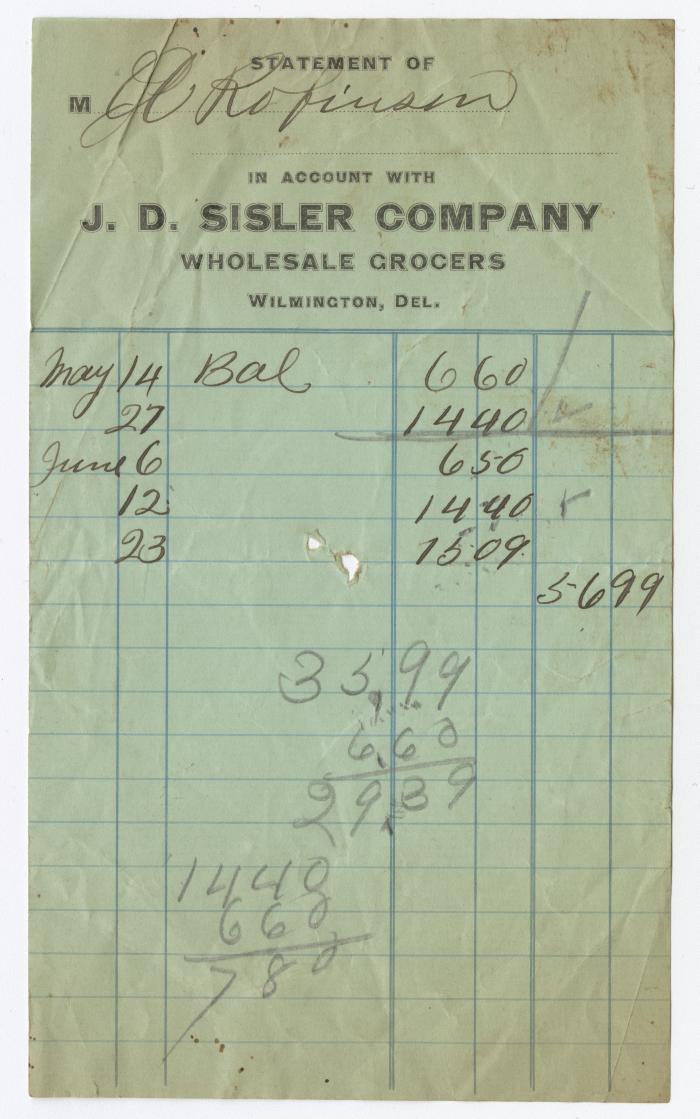 J. D. Sisler grocer receipt, circa 1910