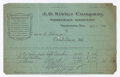 J. D. Sisler grocer receipt, 1915 April 8