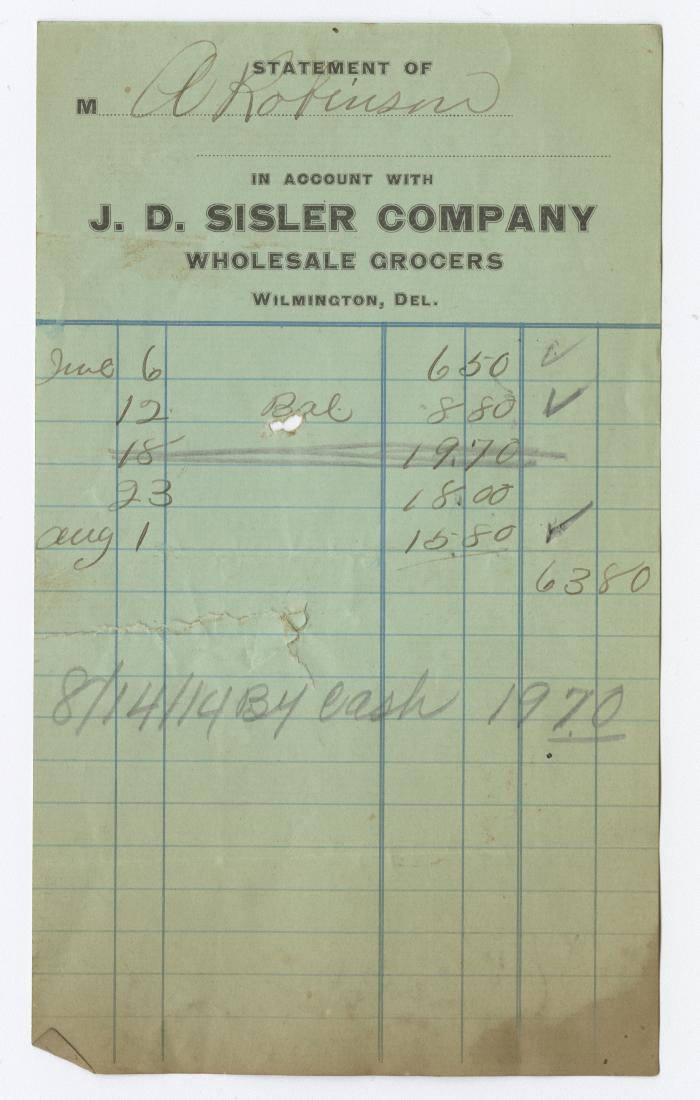 J. D. Sisler grocer receipt, 1914 August 14