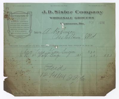 J. D. Sisler grocer receipt, 1914 November 7