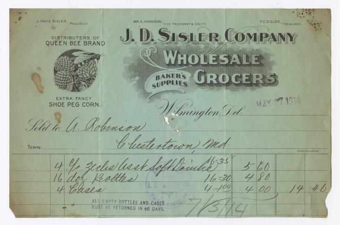J. D. Sisler grocer receipt, 1914 May 27