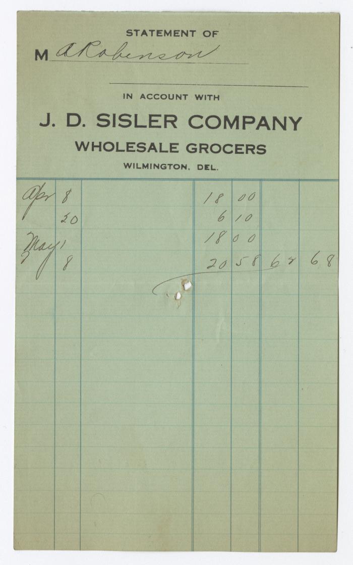 J. D. Sisler grocer receipt, circa 1910