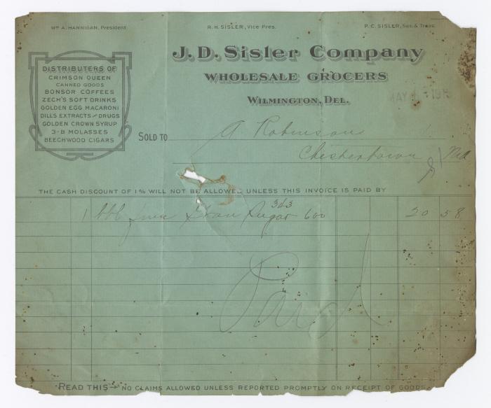 J. D. Sisler grocer receipt, 1915 May 8