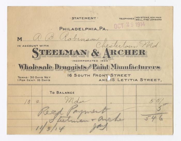 Steelman and Archer receipt, 1914 October 29