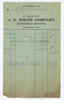 J. D. Sisler grocer receipt, 1914 August 14