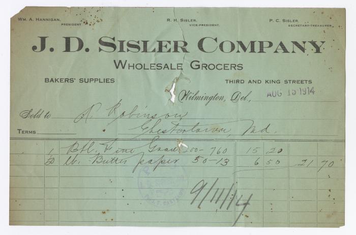 J. D. Sisler grocer receipt, 1914 August 15