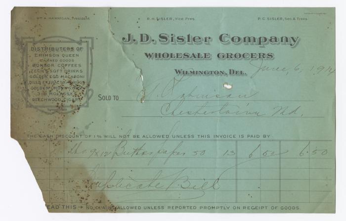 J. D. Sisler grocer receipt, 1914 June 6