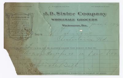 J. D. Sisler grocer receipt, 1914 June 6