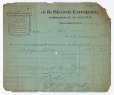 J. D. Sisler grocer receipt, 1915 April 20