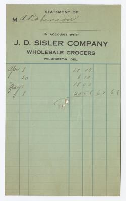 J. D. Sisler grocer receipt, circa 1910