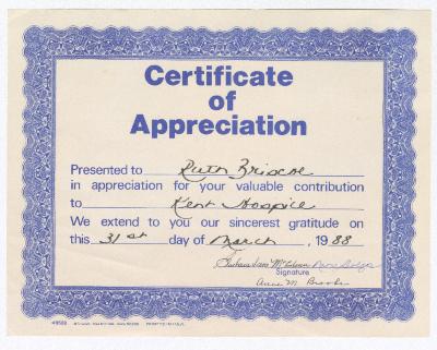 Certificate of Appreciation for Ruth Ringgold Briscoe 