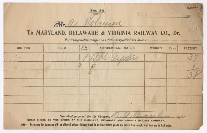 Abraham Robinson shipping bill, 1917 December 1