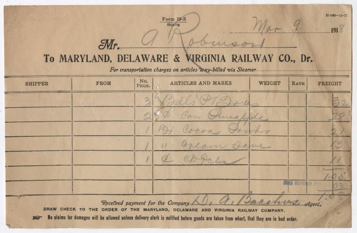 Abraham Robinson shipping bill, 1918 March 9
