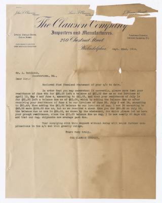 Clauson Company business letter, 1914 September 22