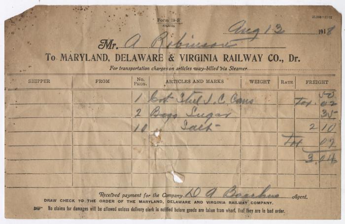 Abraham Robinson shipping bill, 1918 August 13
