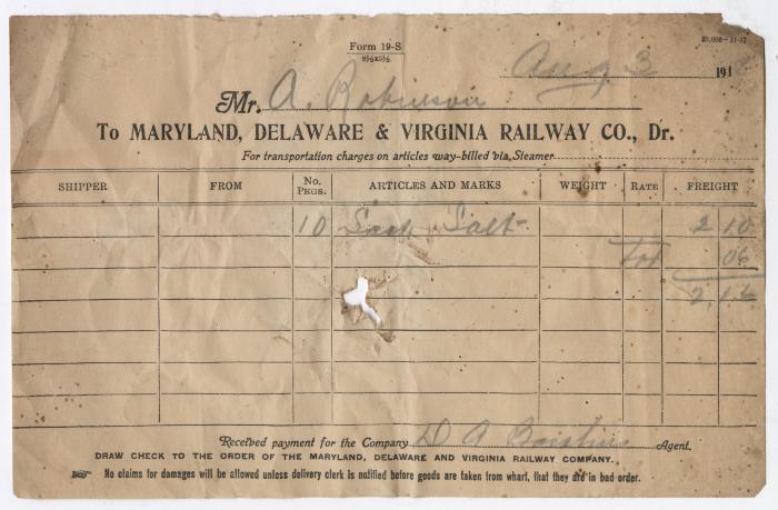 Abraham Robinson shipping bill, 1918 August 13