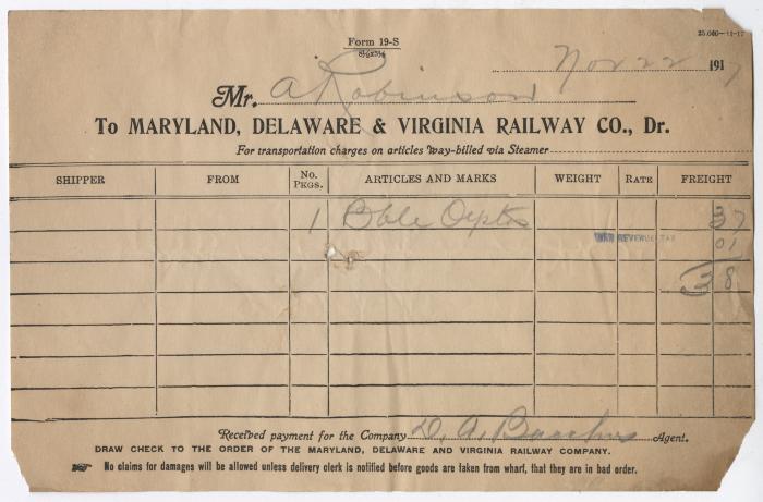 Abraham Robinson shipping bill, 1917 November 22