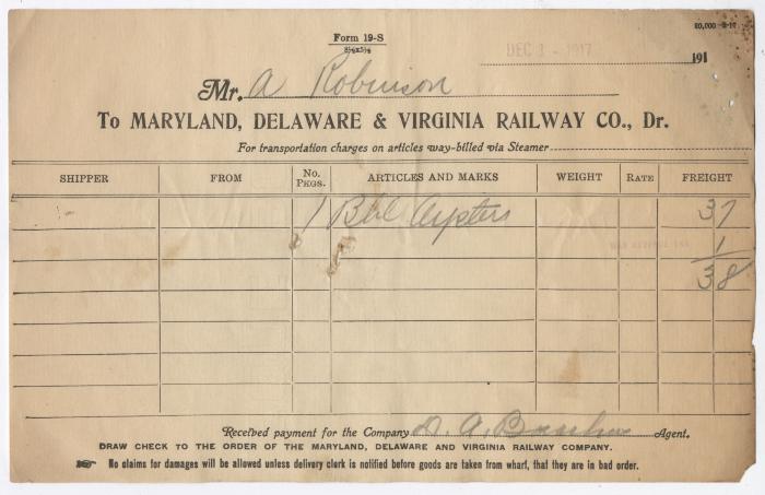 Abraham Robinson shipping bill, 1917 December 1