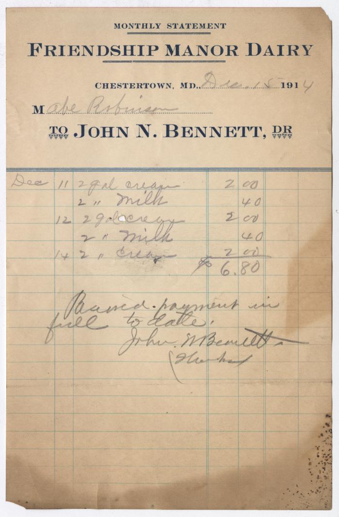 Friendship Manor Dairy monthly statement, 1914 December 15