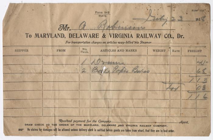 Abraham Robinson shipping bill, 1918 July 23