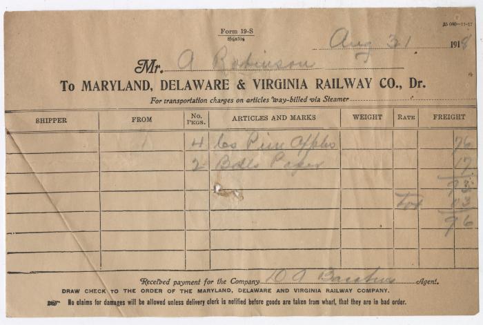 Abraham Robinson shipping bill, 1918 August 31
