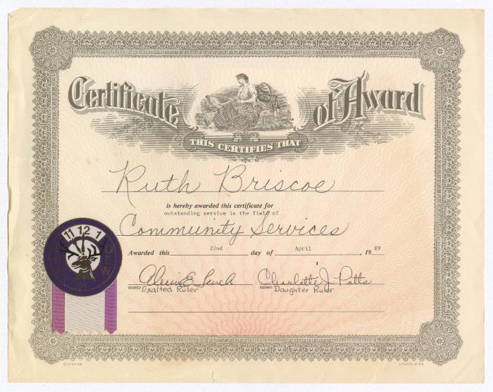Certificate of Award for Ruth Ringgold Briscoe