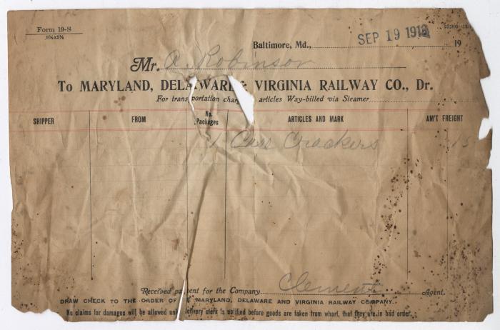 Abraham Robinson shipping bill, 1913 September 19