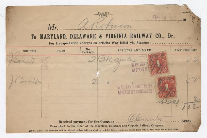 Abraham Robinson shipping bill, 1915 February 20