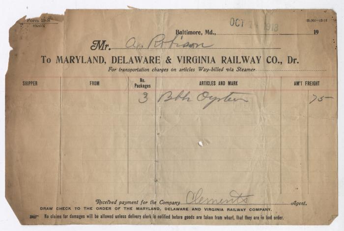 Abraham Robinson shipping bill, 1913 October 14