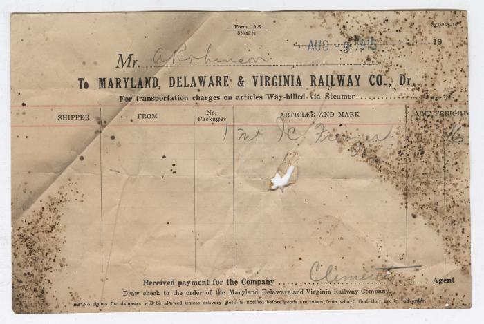 Abraham Robinson shipping bill, 1915 August 9