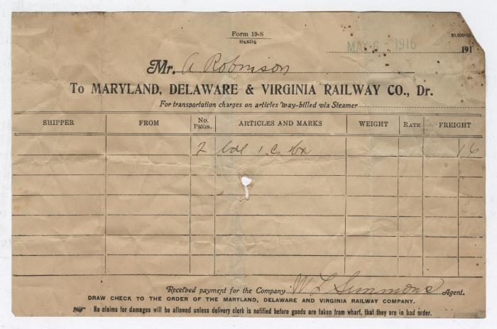 Abraham Robinson shipping bill, 1915 March 6