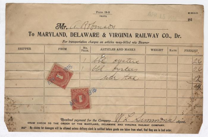 Abraham Robinson shipping bill, 1916 April 15