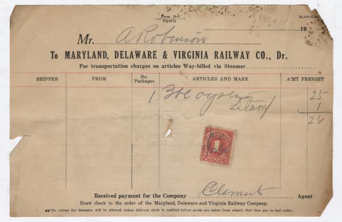 Abraham Robinson shipping bill, circa 1910 December 22
