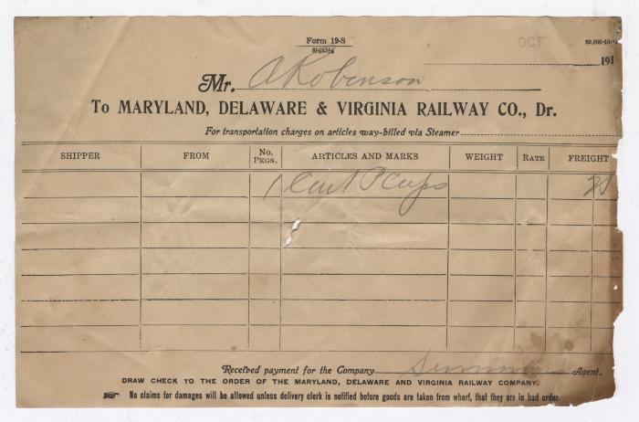 Abraham Robinson shipping bill, circa 1910 October 2