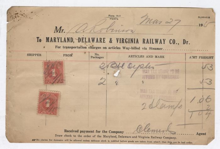 Abraham Robinson shipping bill, 1915 March 27