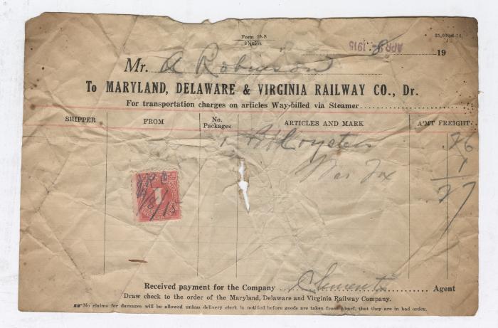 Abraham Robinson shipping bill, 1915 April 8